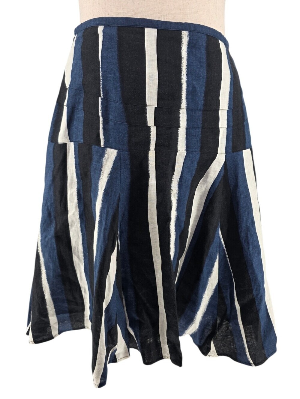 Grace Elements Linen Skirt Size 12 Navy Blue Stripe A-Line Flare Midi Skirt